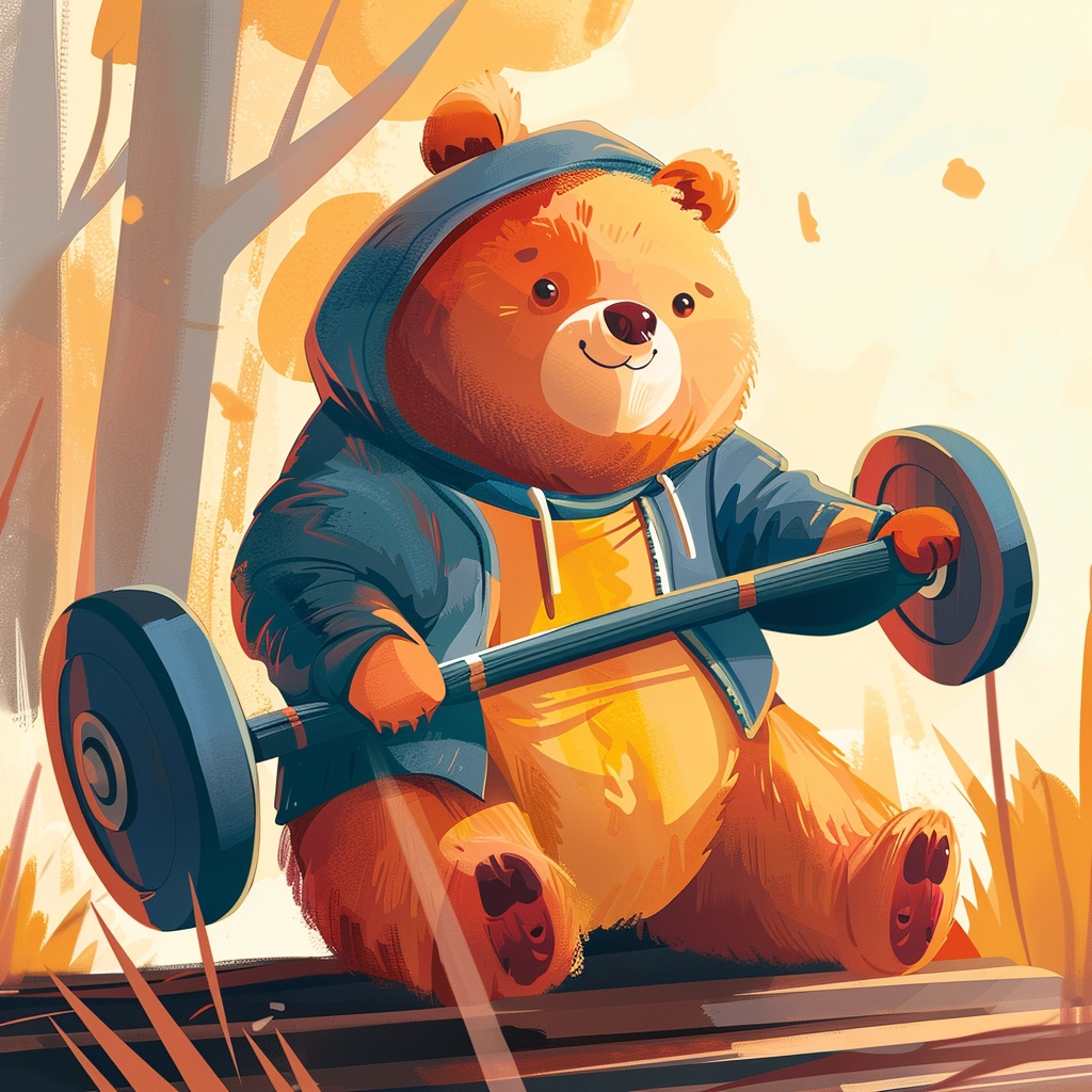 A bear in a hoodie lifting weights, displaying strength and determination