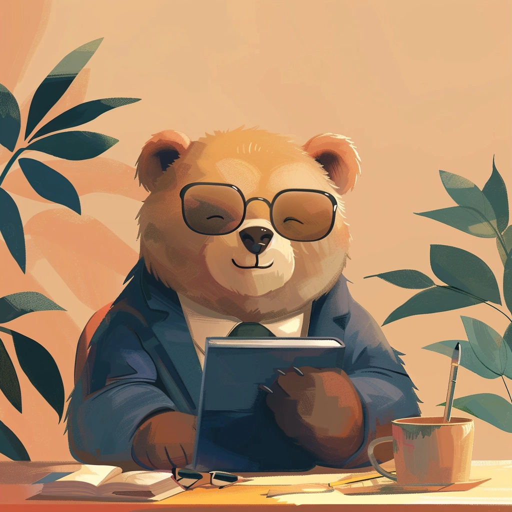 A bear with glasses enjoying a book, with a peaceful expression, at a desk with a cup and stationery, hinting at a leisurely yet productive day.