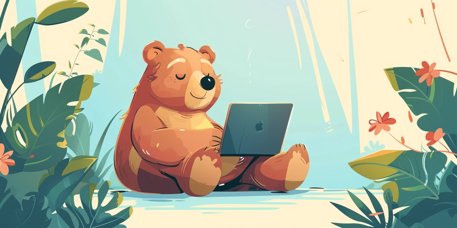 A content bear comfortably using a laptop in a serene natural setting, surrounded by lush greenery and sunlight.