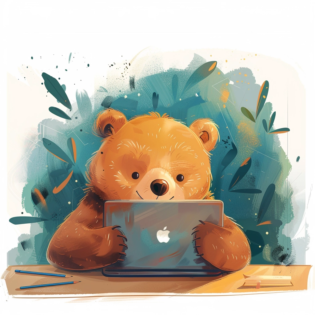 A curious bear engaging with technology, peering intently at a laptop screen.